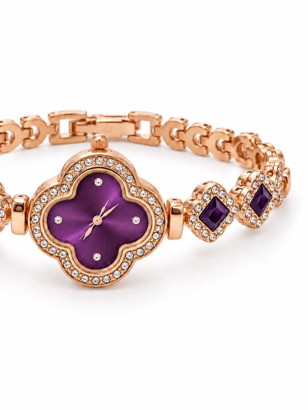 Rose-Gold Purple Clover Rhinestone Watch